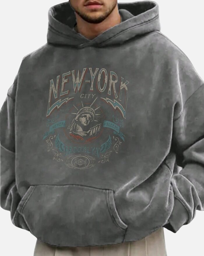 Drop Shoulder Hoodie with Letter & Statue Of Liberty Printed