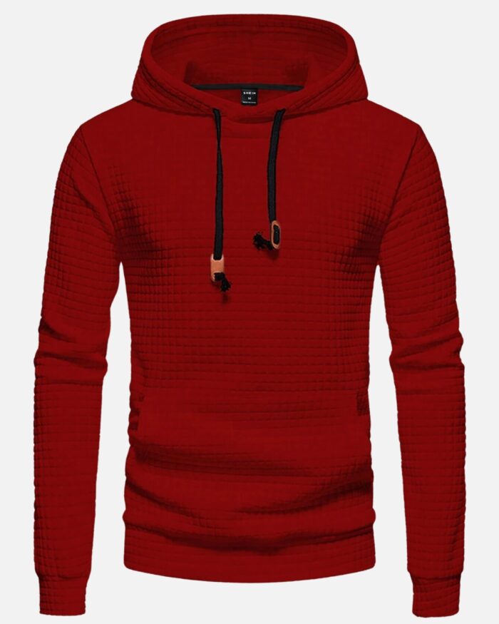 Red Solid Waffle Pullover Hoodies with Kangaroo Pocket