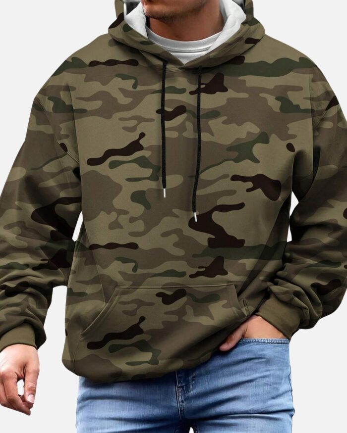 Camo Print Kangaroo Pocket Drawstring Thermal Lined Hoodie