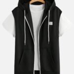 Sleeveless Knitted Leisure Zippered Hoodie With Kangaroo Pocket