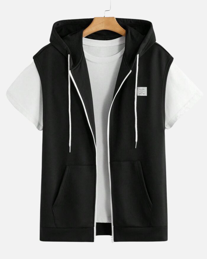 Sleeveless Knitted Leisure Zippered Hoodie With Kangaroo Pocket